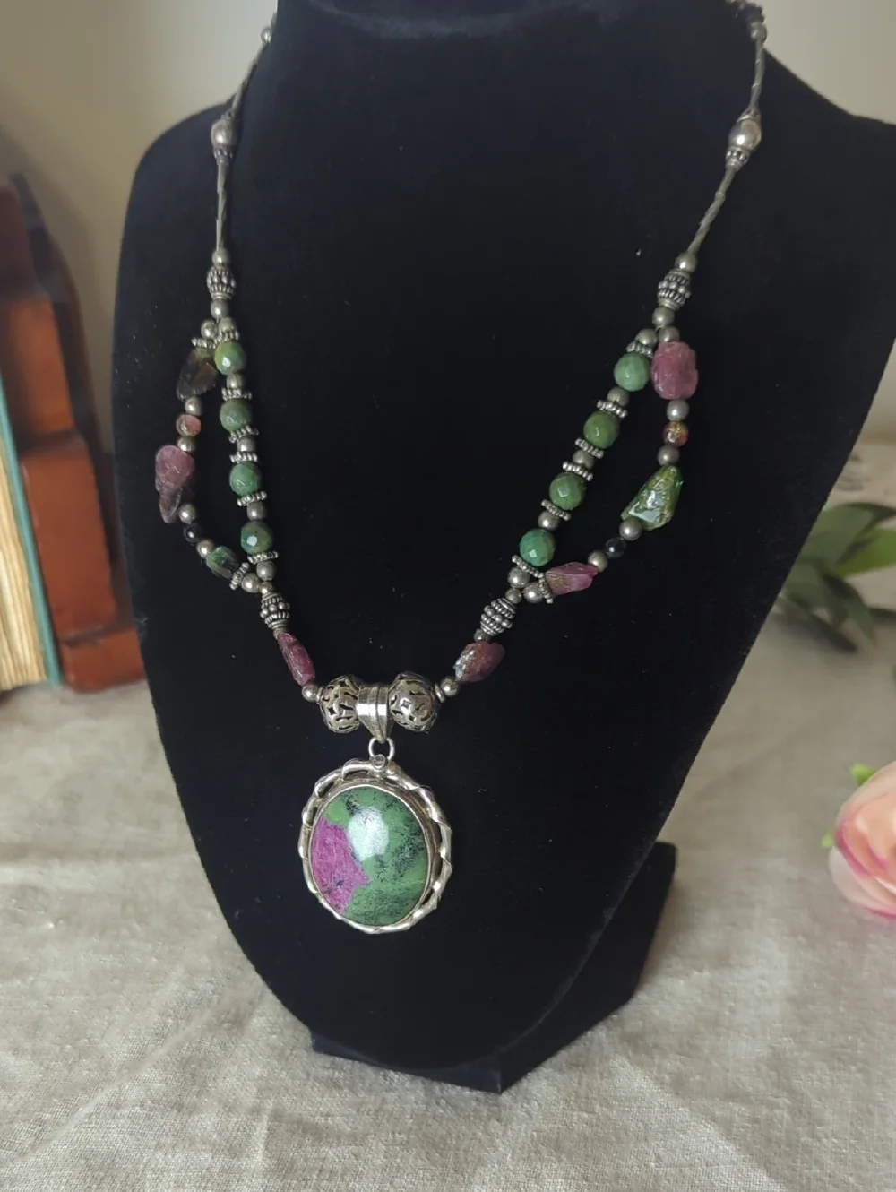 Sterling Silver Ruby Zoisite Statement Necklace, Artisan Gemstone Pendant